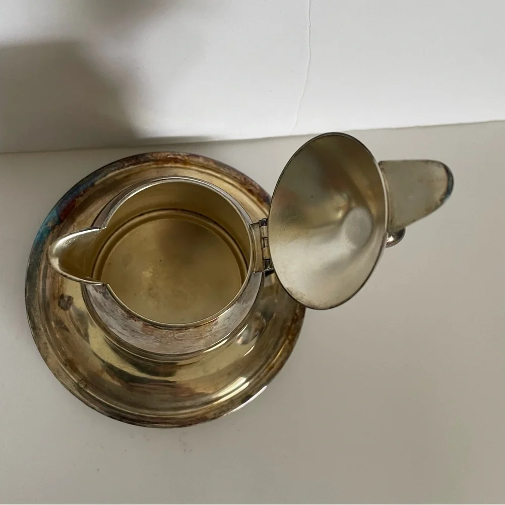 Apollo EPC Vintage Silverplate Silver Patina Cream Pot Attached Saucer Plate